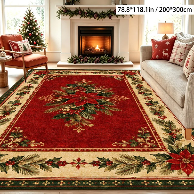 1pc Vintage Christmas Red Berry Rug, Machine Washable Decor Mat, Multiple Sizes, for Living Room, Bedroom, Entryway