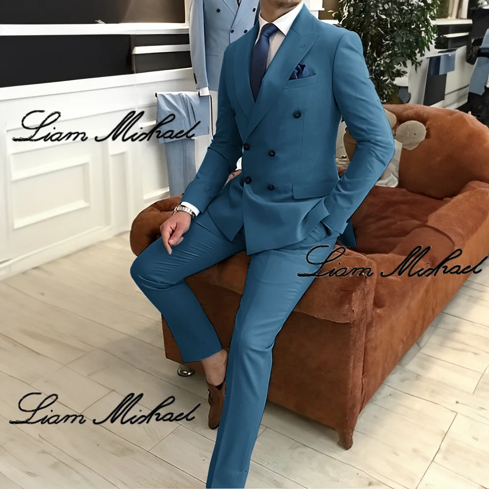 Light Blue Men\'s Suit 2 Piece Double Breasted Jacket Pants Formal Wedding Groom Tuxedo Peak Lapel Blazer Customized Men\'s Suit