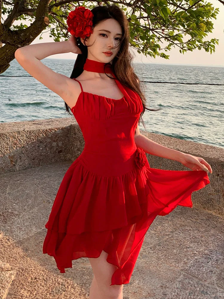 Boho Mini abito irregolare in chiffon rosso femminile sexy con spalle scoperte Slim Sling Holiday Beach Party Dress 2025 Nuova estate
