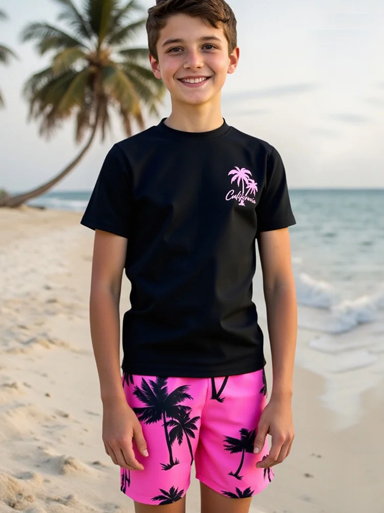 

Swimsuit Kids Boy 2026 New Solid Print Short Sleeves Children Swimwear Summer Two Piece Beach Shorts Beach Bathing Suit Swimming