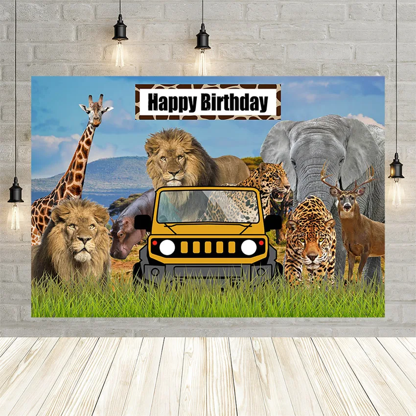 

Mehofond Animal World Photography Background For Boy Happy Birthday Party Giraffe Tiger Grassland Decoration Photo Studio Banner