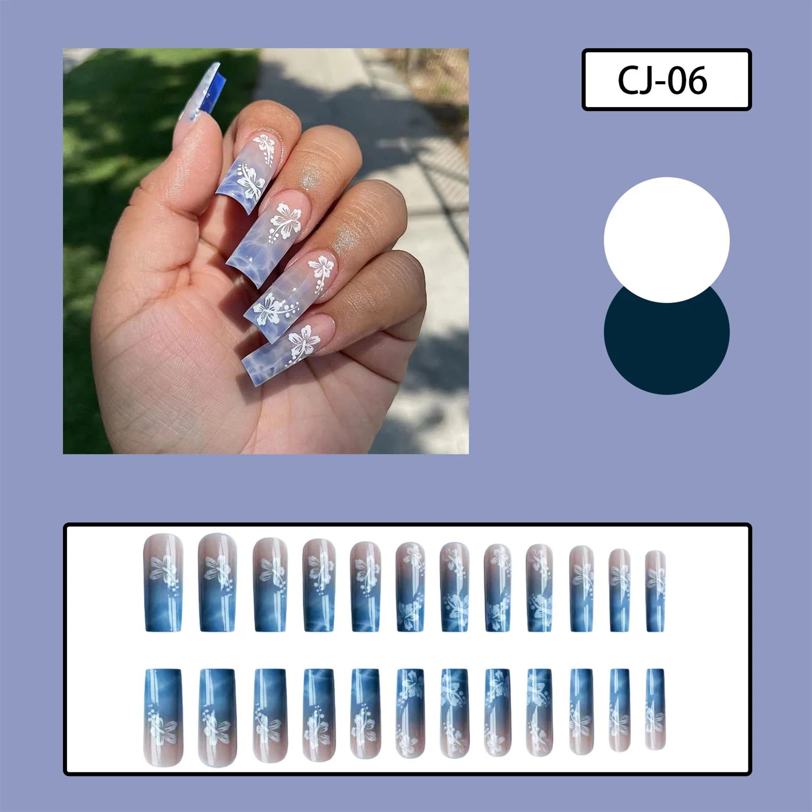 Faux ongles carrés longs dégradés bleu, 24 pièces, sans vernis, utilisation Durable, ensemble de manucure pour décoration des doigts, bricolage des ongles à la maison
