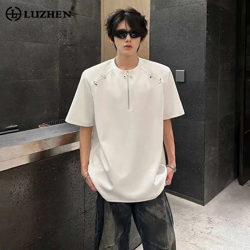 LUZHEN 2026 Summer New Metal Buckle Patchwork Decorate Short Sleeve Pullover Men's Trendy Solid Color Round Neck T-shirts JY7307