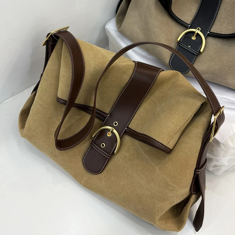 

Korean Casual Messenger Bag For Women Luxury Designer Handbag Purse 2025 New In Canvas Belt Buckle Large Capacity Cloth Shoulder
