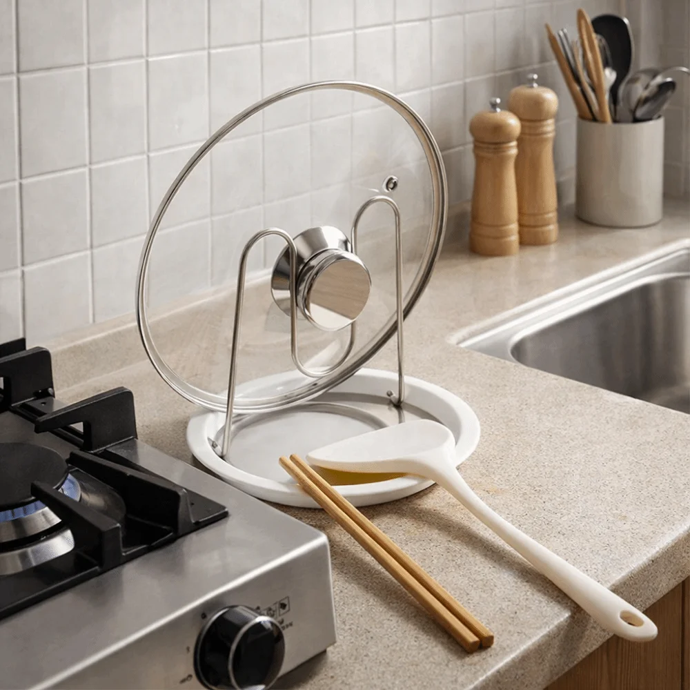 Stainless Steel Pot Lid Holder Folding Detachable Pan Cover Lid Rack Stable Heat Resistant Spoon Rest Restaurant