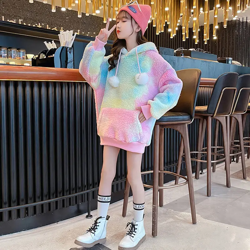 3-8-10-14 Girls sweater clothes winter and spring hoodie Korean version children\'s hoodie thickened fleece sweater mid-length