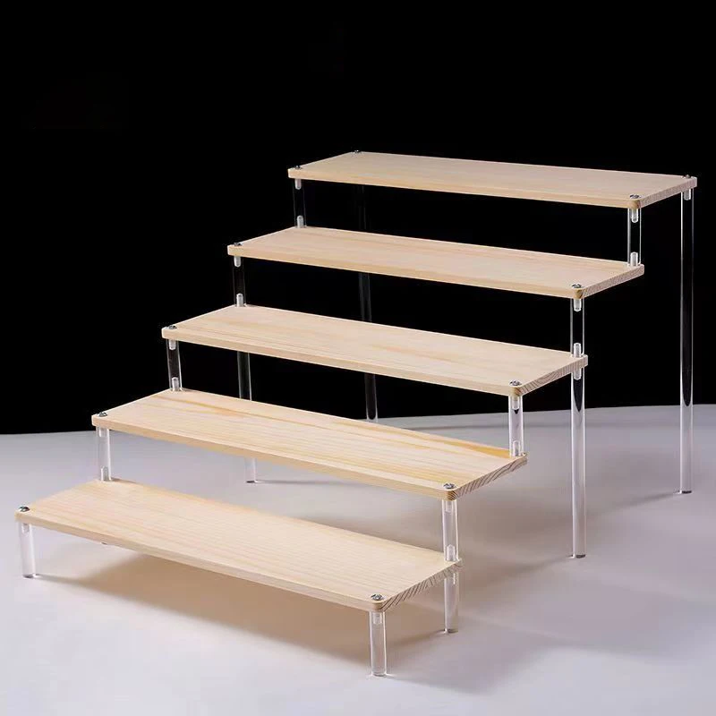 2-5 Tier Transparent Acrylic Base Solid Wood Display Stand Stepped Toys, Models, Cosmetics, Skin Care Products Display Stand