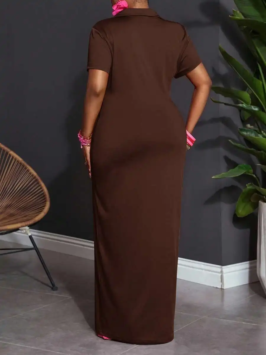 

Women Plus Size Casual Summer Collar Short Sleeve Maxi Dress Brown