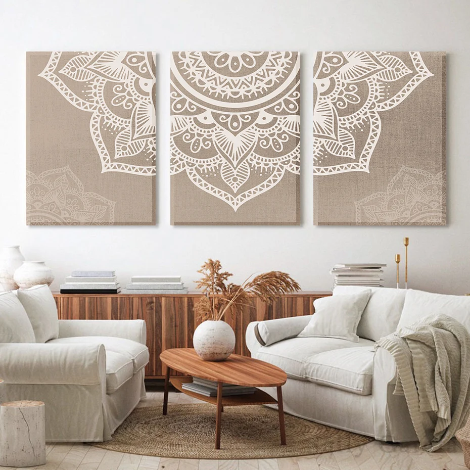 Bohemian Mandala Floral Beige Abstract Posters and Prints Canvas Painting Wall Art Pictures for Living Room Interior Home Dec