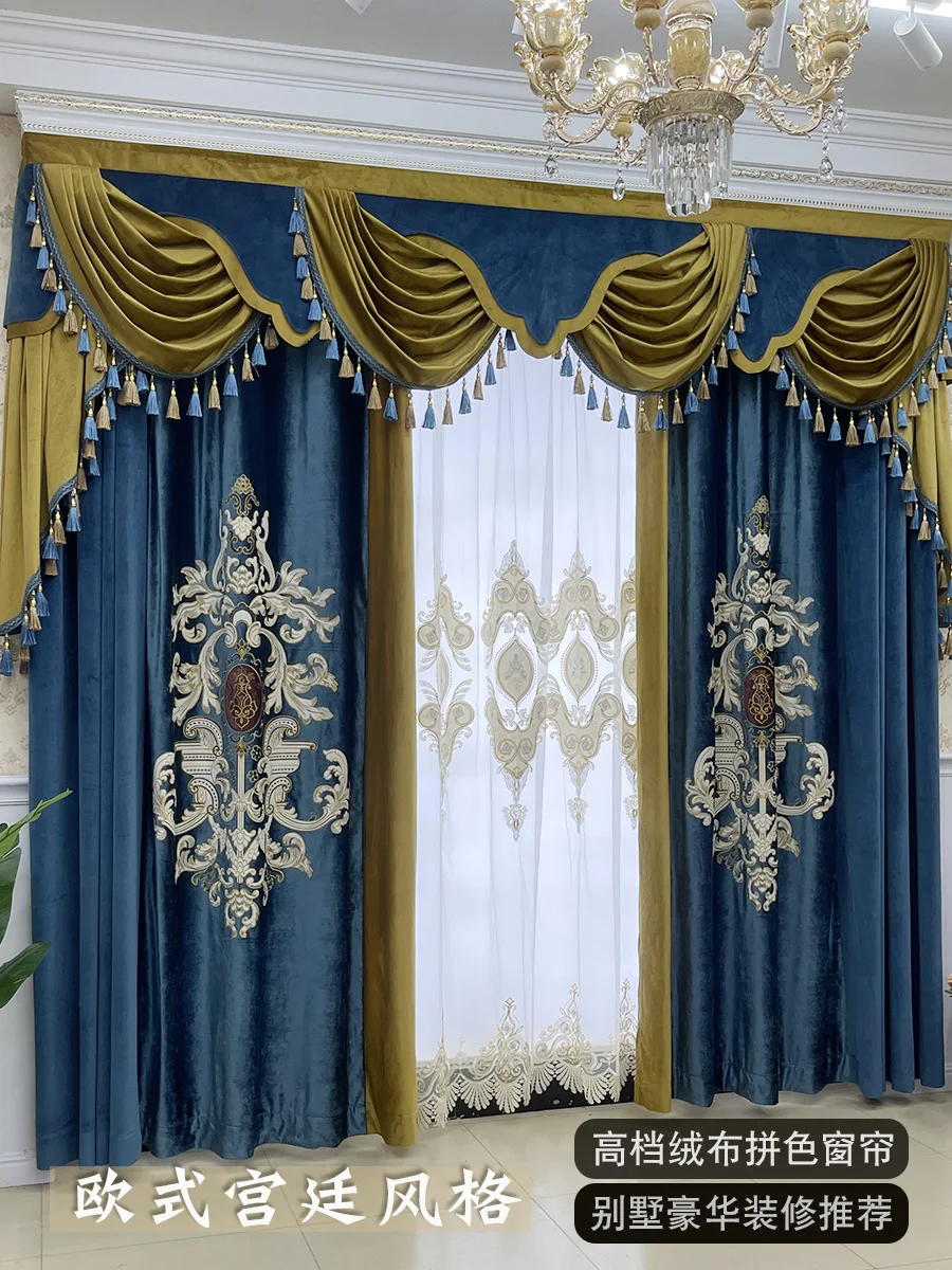 Custom Upscale living room luxury flannelette villa palace bedroom blue velvet cloth valance blackout curtain tulle drape C1944