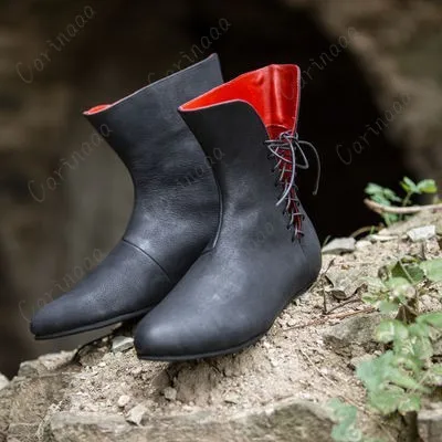 Middeleeuwse Pu Lederen Renaissance Enkellaarsjes Gothic Officer Mannen Schoenen Viking Piraat Laarzen Cosplay Kostuum Vrouwen Steampunk Fancy