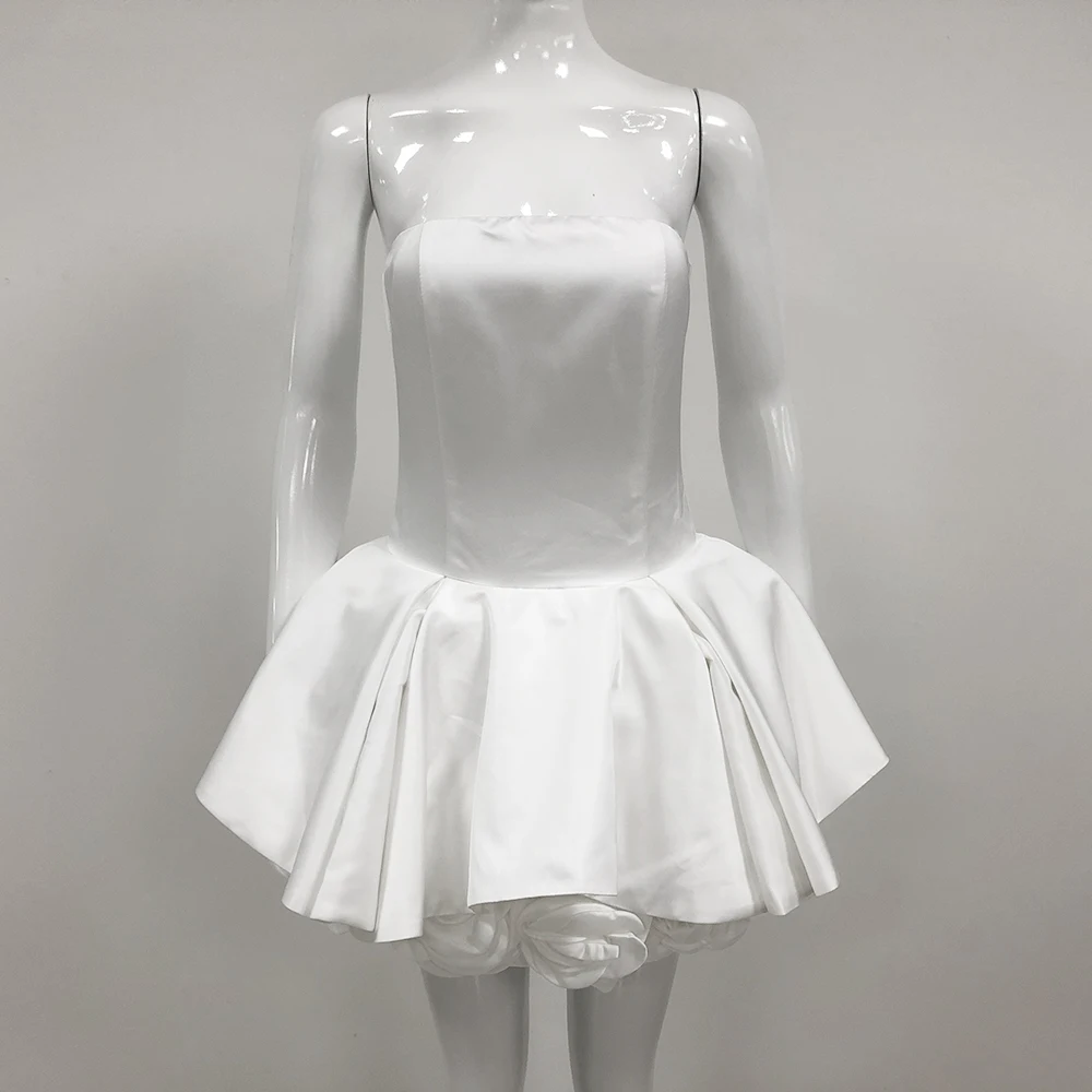 GORAFASHION-Robe de soirée blanche, élégante, sexy, sans bretelles, fleurs tridimensionnelles, plis verticaux, en fibre, courte, nouvelle collection