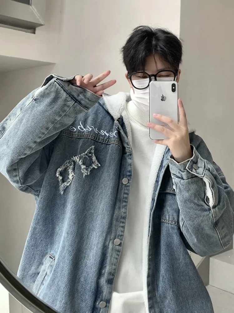 

Men's Denim Jaet Fce Lined Thi Warm Cotton Winter Casual Loose Lamb Fur Coat Youth Sle Faion Brand Cleanfit Sle