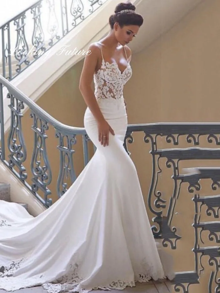 Robe de Mariée Sirène en Satin de Dentelle Morden Personnalisée, Simple, Couleur Unie, Longue Traîne, Balayage, 2025