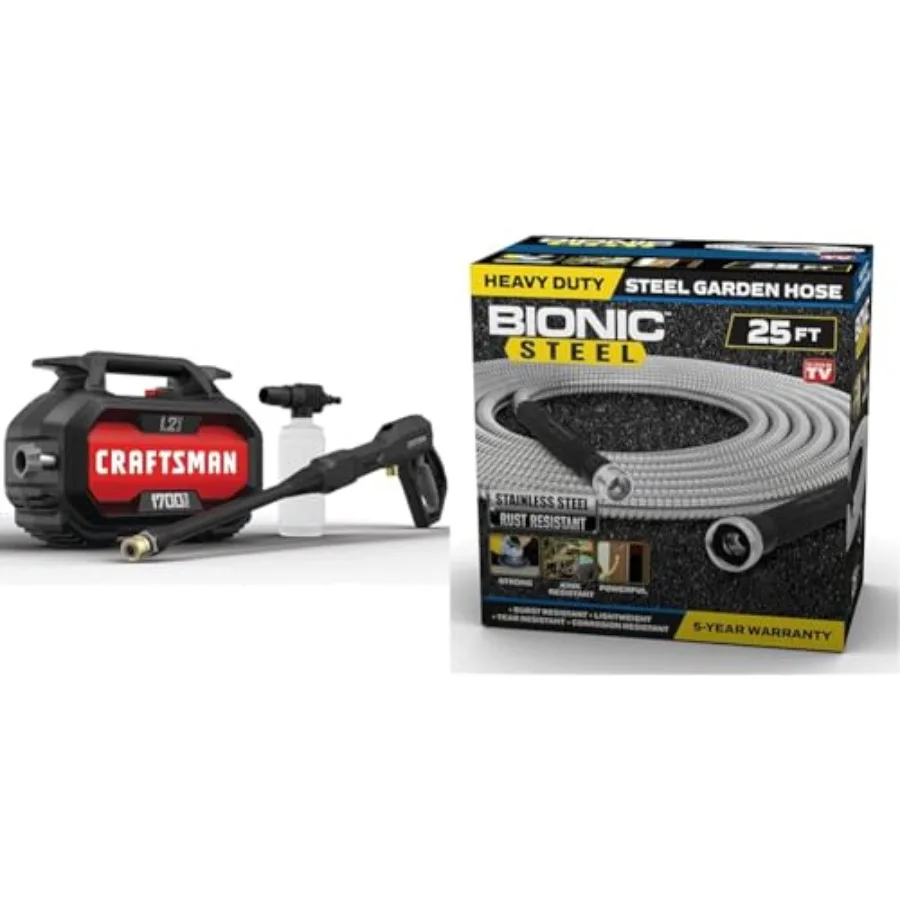 

Электрическая мойка высокого давления 1700 PSI в комплекте с бионическим стальным садовым шлангом 25 футов и насадкой