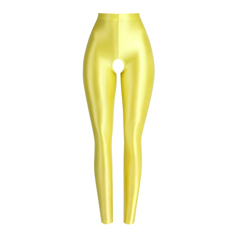 Sexy Satin oil glossy tights pants Leggings high waist shiny pants Ninth pants shiny yoga sport Open crotch glossy sweatpants