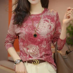 Spring Autumn New Round Neck Fashion Long Sleeve T-shirt Women Elegant Floral Printing Pullovers High Street Casual Loose Tops