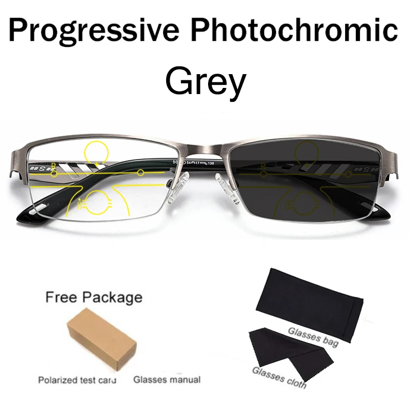 Automatisch Anpassende Photochrome Multifokale Lesebrille für Herren Progressive Anti-Blaulicht Geschäftsbrille Halbrahmen +4.0