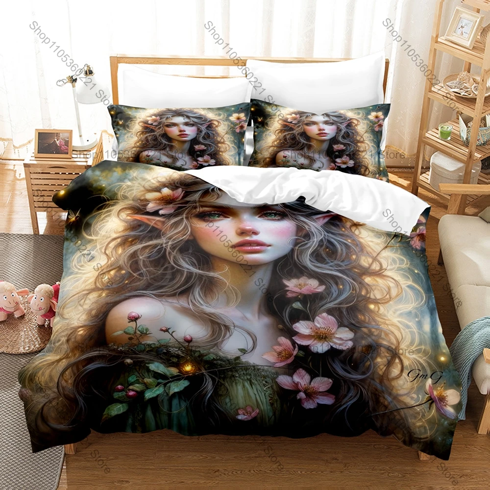Kawaii Cute Cartoon Forest Girl Elf Three Piece Bedding Set Luxury Comforter Set with Queen King Size Cool Two household goods A