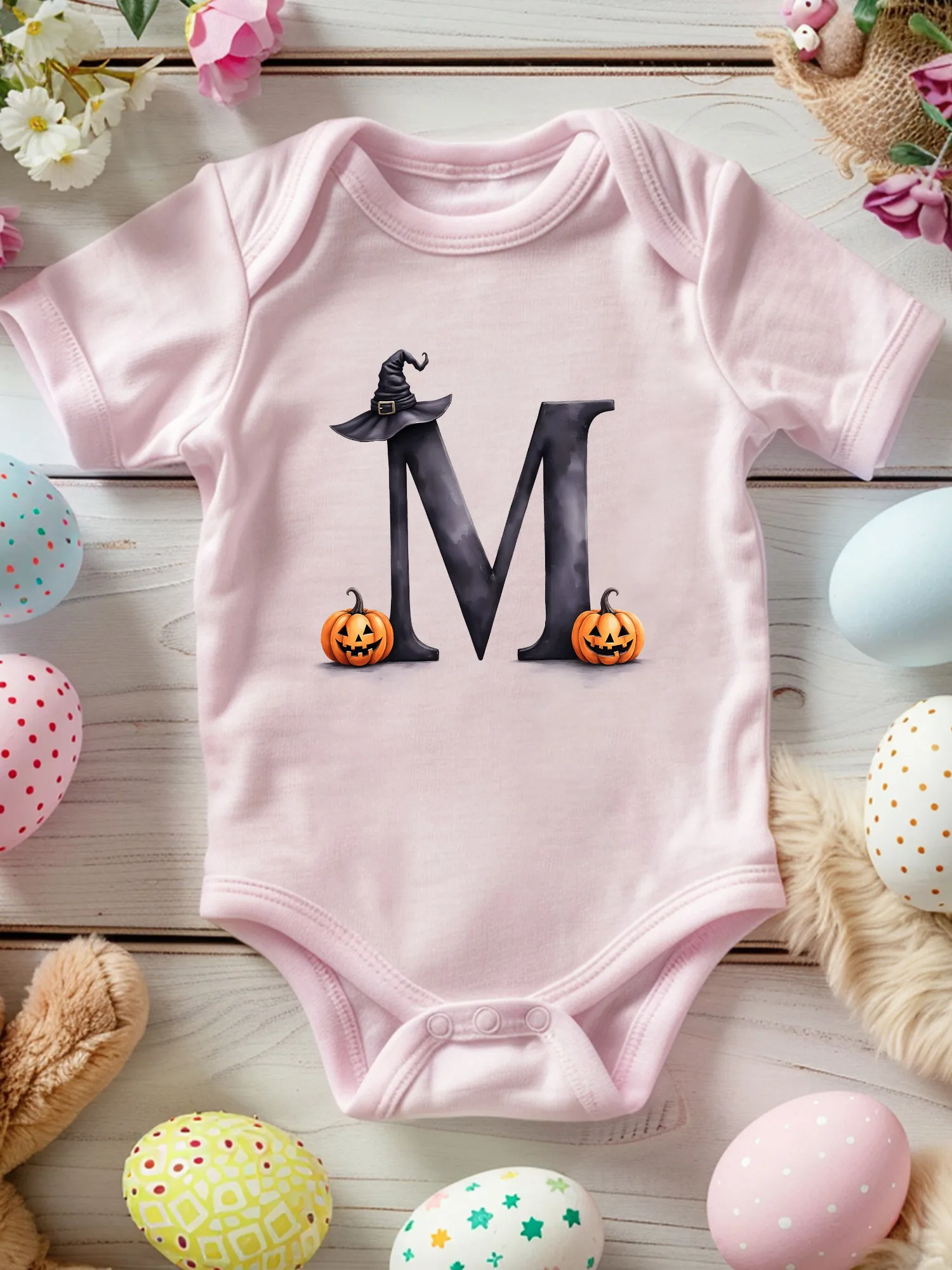 

Halloween Alphabet M Unisex Baby Crawling Suit, 100% Cotton Soft Onesie, All-Season Wear Pink Bodysuit 190GSM