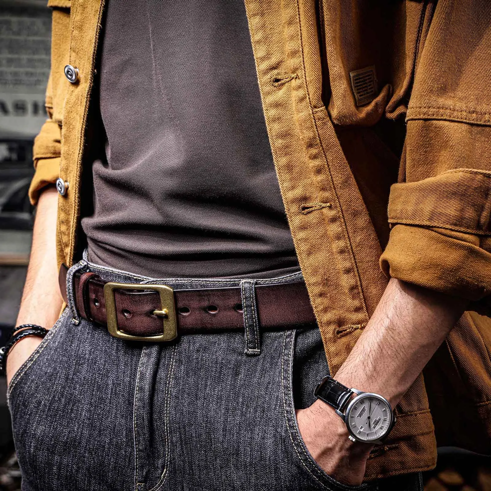 Vintage Echt leder Herren gürtel mit massiver Messings chnalle, hand gefertigte lässige Nadel schnalle verdicktes italienisches Rindsleder mit Geschenk box – Detail 5