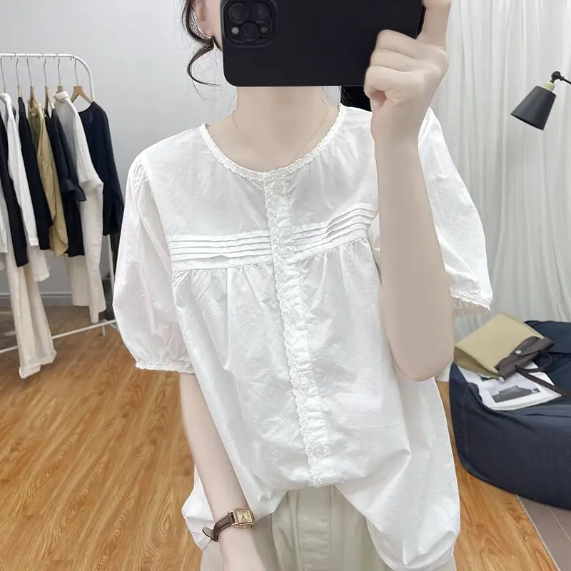 

Летняя хлопковая кружевная лоскутная рубашка с рукавами-фонариками и короткими рукавами для женщин, повседневный топ с круглым вырезом 2025