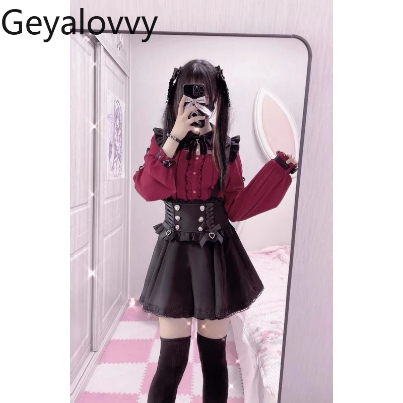 

Женский комплект из 2-х пианитов, кружевной повседневный наряд в японском стиле, униформа JK, кружевная рубашка в стиле Лолиты с длинными рукавами + костюм с юбкой с высокой талией