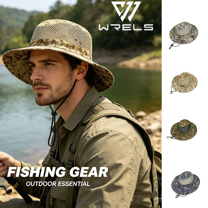 Camouflage Sun Hat Mesh Sunshade Breathable Hiking Hunting Hats Wide Brim Anti Slip Fishing Outdoor Mountaineering Bucket Cap