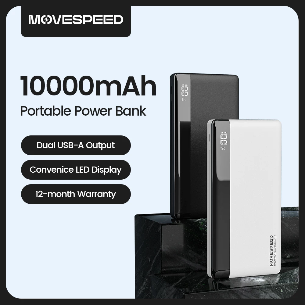 MOVESPEED K10 Power Bank 10000mAh Dual USB A Ports Fast Charging External Large Battery for iPhone 15Pro Samsung S23 Xiaomi 14