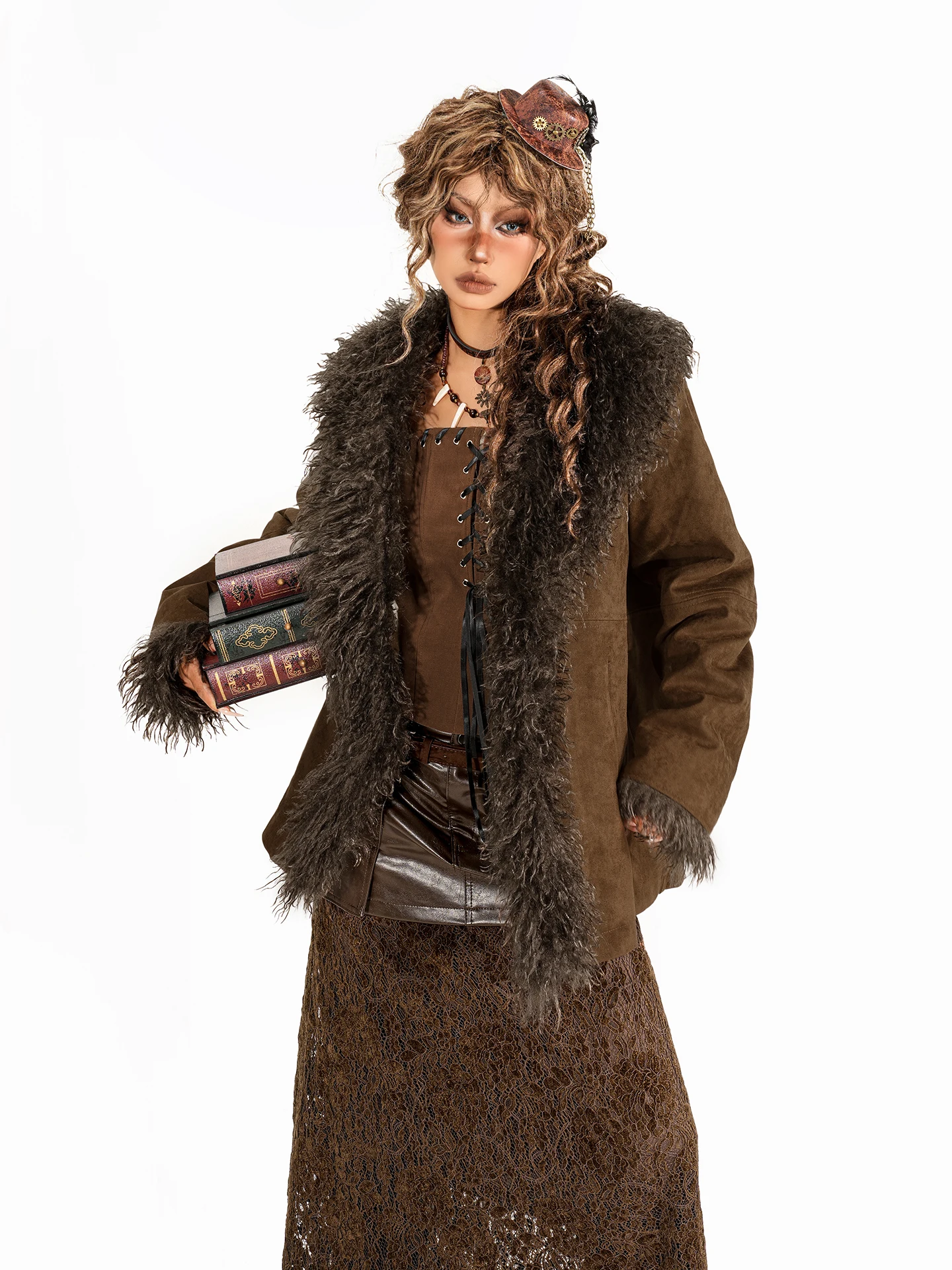 アリエルリンク ヴィンテージ スエード ファーカラー ジャケット レディース エコフレンドリー レザーコート 暖かい スタンダードフィット 長袖 ミドル丈 ボタンアップ