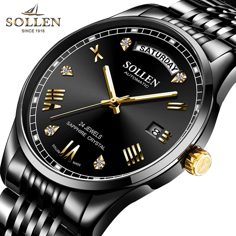 

SOLLEN Brand High-end MIYOTA Movement Mechanical Watch for Men Stainless Steel Luxury Sapphire Week Date Automatic Watches Mens