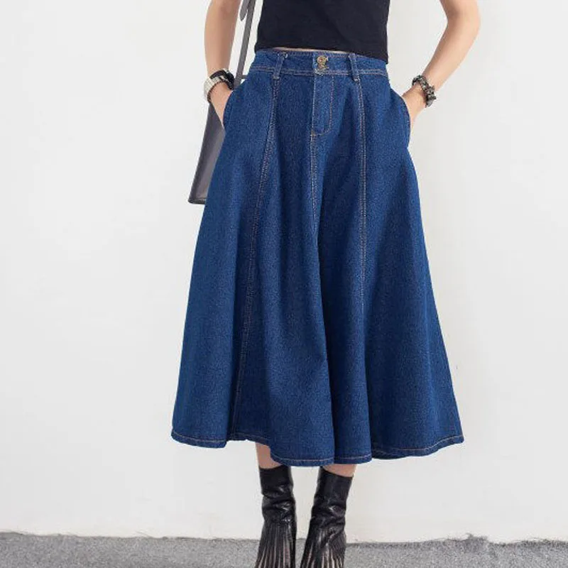 Skirts Women A Line Skirt Denim Elegant Splice Casual High Waist Regular Simple Solid Temperament Pocket Button 2024 Autumn