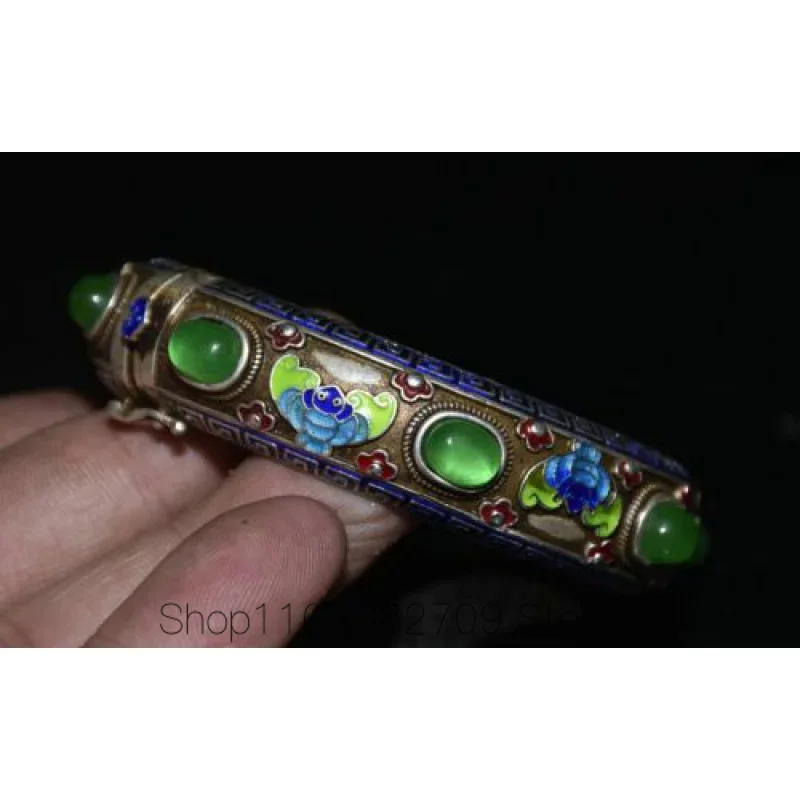 8cm Old China Miao Silver Enamel Inlaid Green Gem Bat Flower Beauty Bracelet