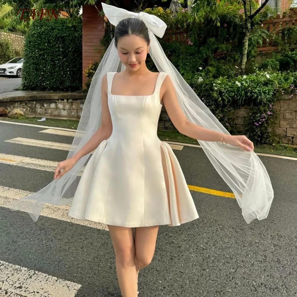 

TAFN Simple Short Wedding Party Dresses Square Collar Sleeveless A-line Draped Bridal Gown Above Knee Satin vestidos novias boda