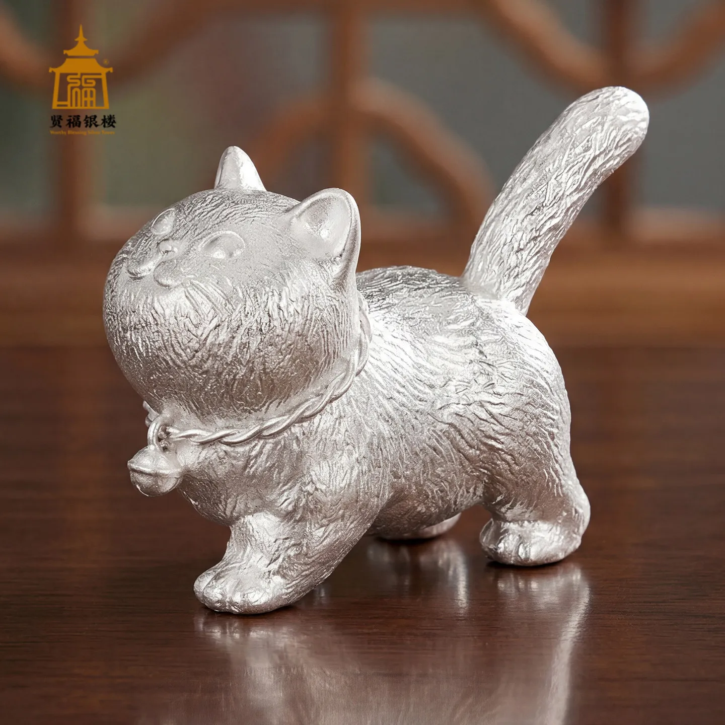 Suitable for Xianfu Silver Building Foot Silver 999 Cute Kitten Creative OrnamenSterling SilverFortuneCatTea PetOfficeDecoration
