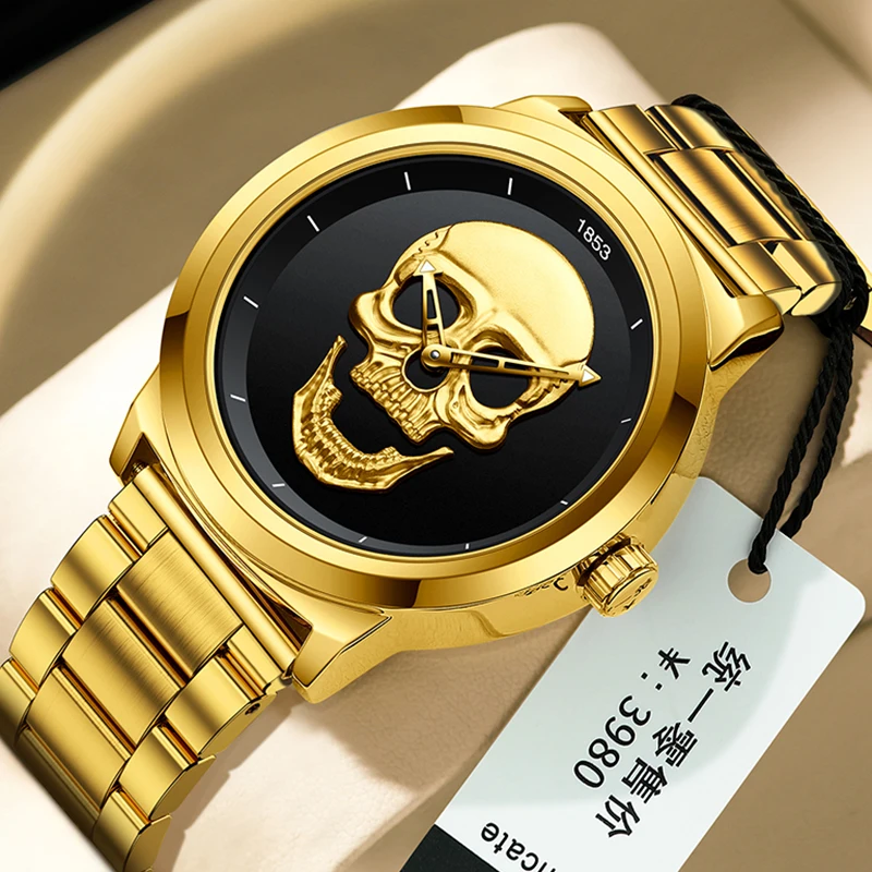 LIGE Top Luxury Brand Gold Black Skull Men Watches with Stainless Steel Sports Waterproof Quartz Clocks Male Creative Wristwatch