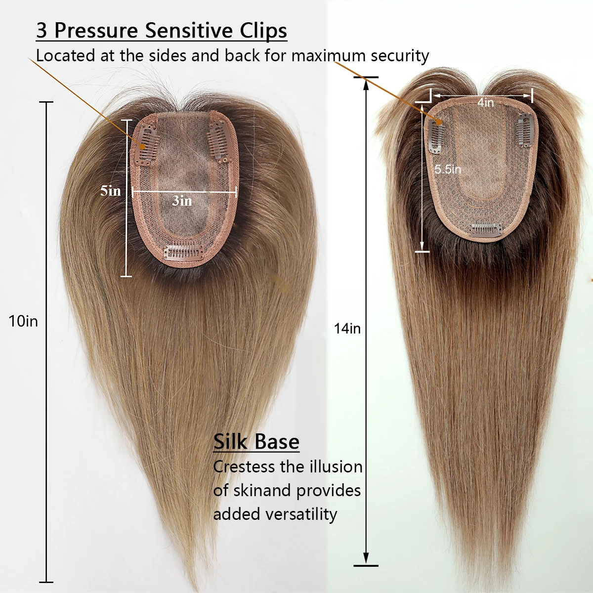 100% Remy Human Hair Toppers Ombre Brown 10 Inch Hairs Topper Wigs With Bangs Silk Base Clip Pieces in Hair Extension for Women