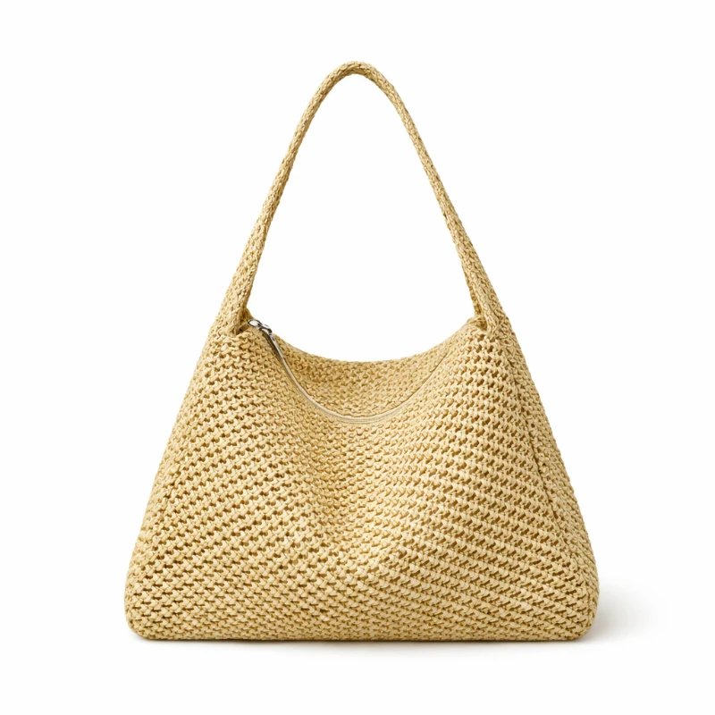 

High-quality Brand Woven Handbag Solid-color Large-capacity Shoulder Bag Summer Beach Vacation Tote Minimalist Bag Zipper Close
