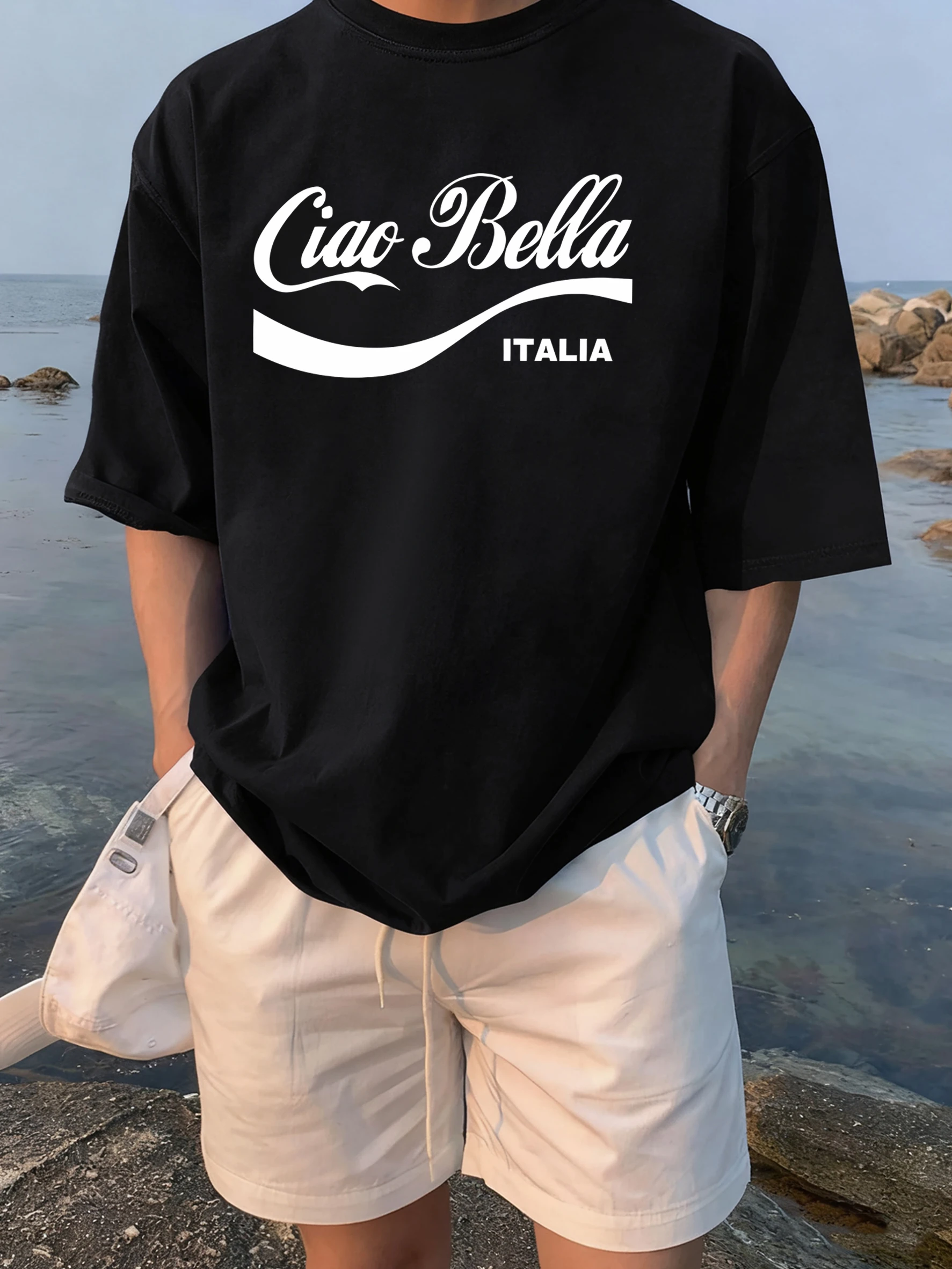 

Ciao Bella Italia Letter Creative Printing Mens Streetwear Cotton Oversized T Shirt Street Vintage Short Sleeve Soft Sport Tops