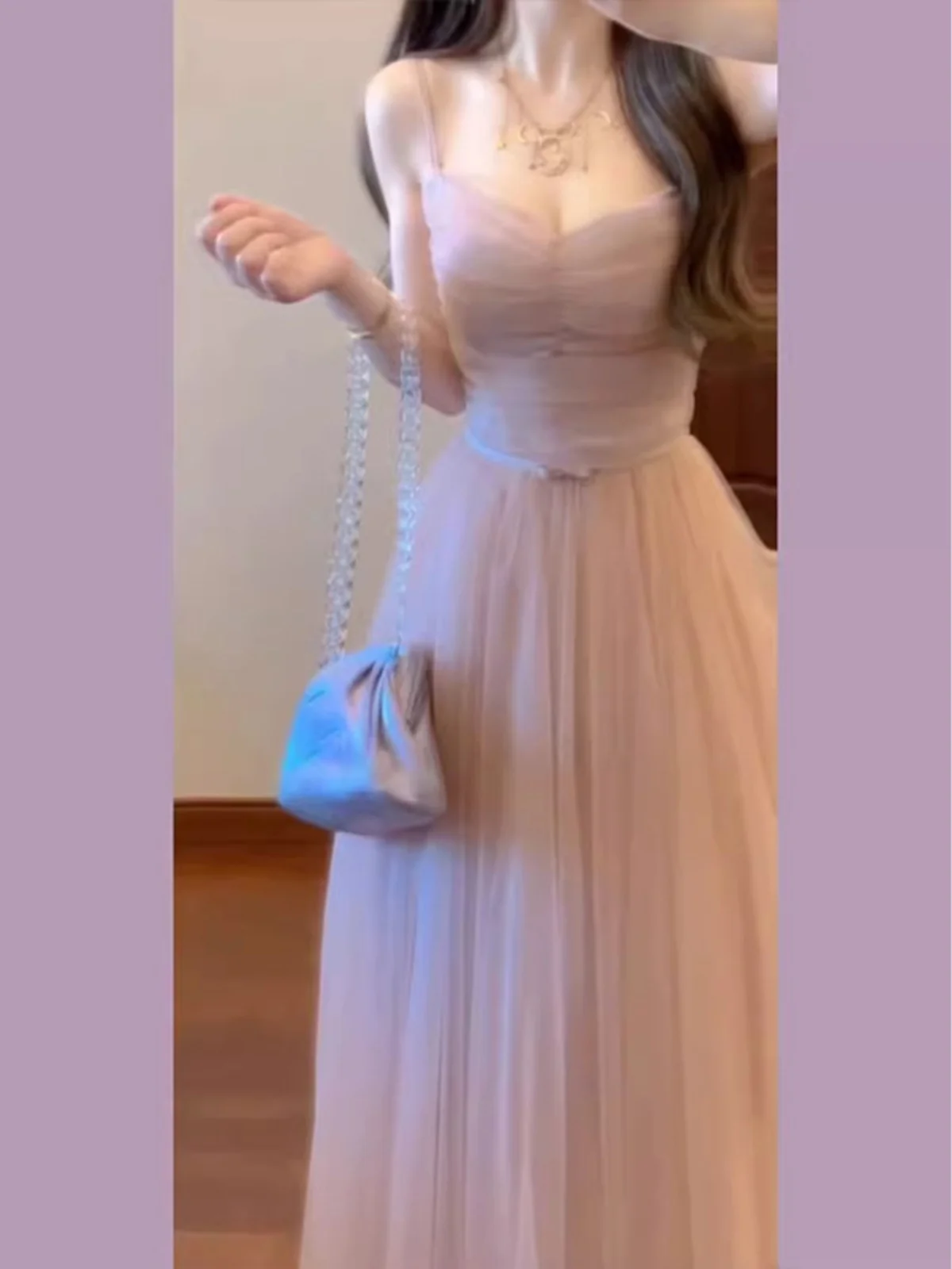 فستان سهرة شبكي وردي أنيق بسيط كوري للنساء فستان حفلات مثير بحمالة تصميم نسائي فساتين زفاف غير رسمية للعطلات