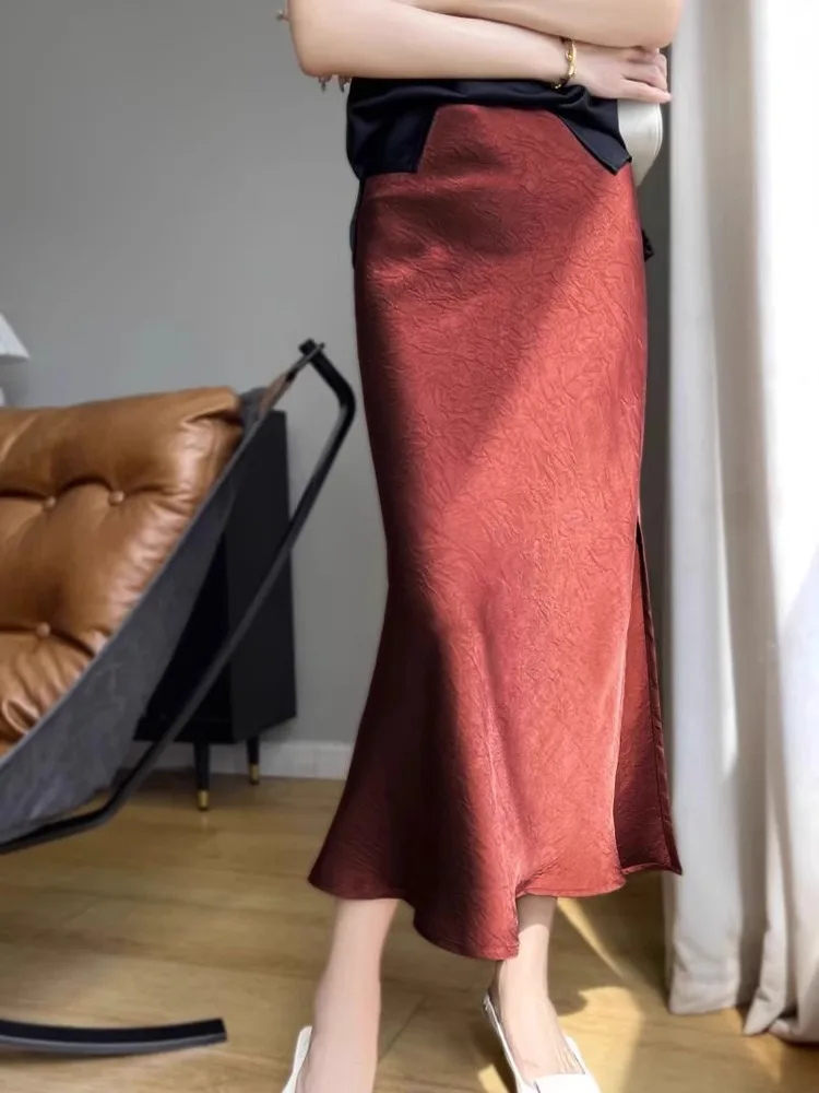 

Elegant Silk Half-length Skirt High-waist Slimming New Style Acetate Satin Split Midi Fish-tail Skirt for Women Commute Simple