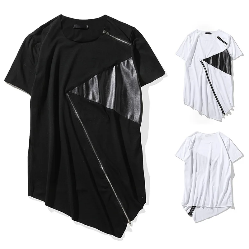 T Shirt Men 2018 Personality tailoring Long Patchwork Leather Zipper T-shirt Men Hiphop Short Sleeve Longline Casual Top Tee