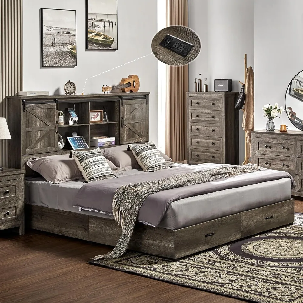 King Size Bed Frame, Wooden Platform Storage Beds with 51.2" Bookcase Headboard, 2 Drawers, Charging Station/Bed Frame