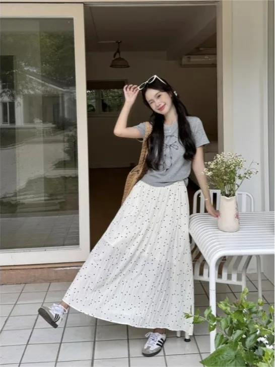 

plus Size Women's Casual T-Shirt with Bow Print round Neck High Waist Draping Large Size Concealing Slimming Polka Dot Skirt Set