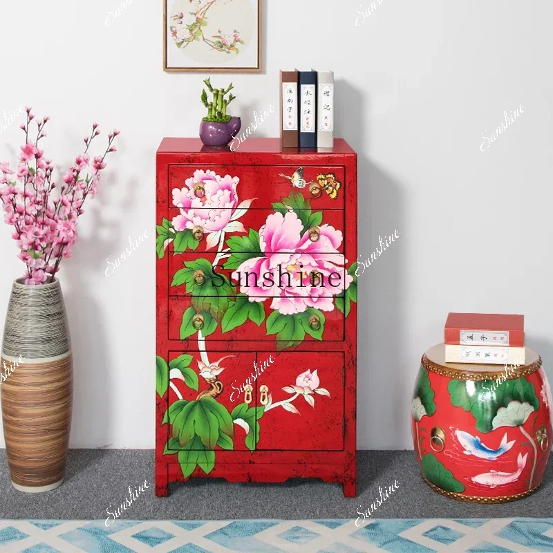 

New Chinese-style painted furniture Solid wood chest cabinet storage entrance foyer decorative pastoral bedside tableYY