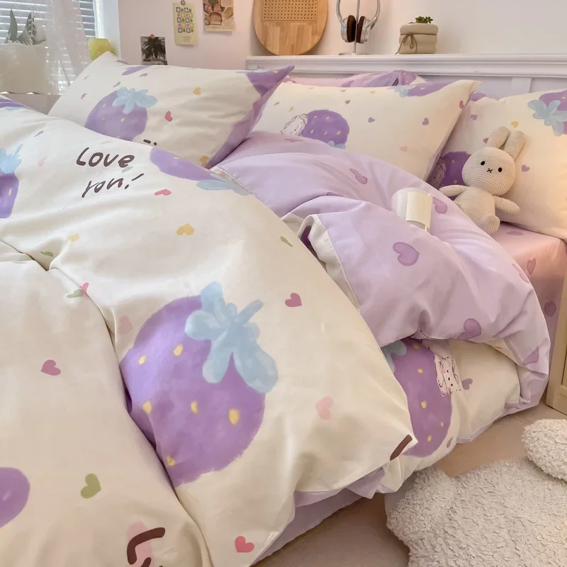 

4 шт., пододеяльник из чистого хлопка с мультяшным принтом, дышащие, цветные, супермягкие, грязеотталкивающие, комплект постельного белья