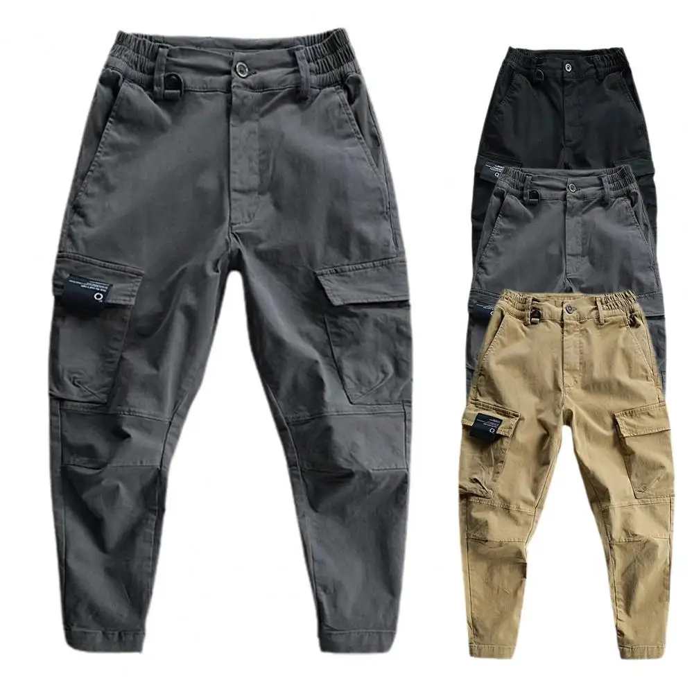 Great Cargo Pants Ankle-Length Slim Fit Skin-Touch Solid Color Multi Pockets Men Fitness Pants  Man Pants Soft Fabric