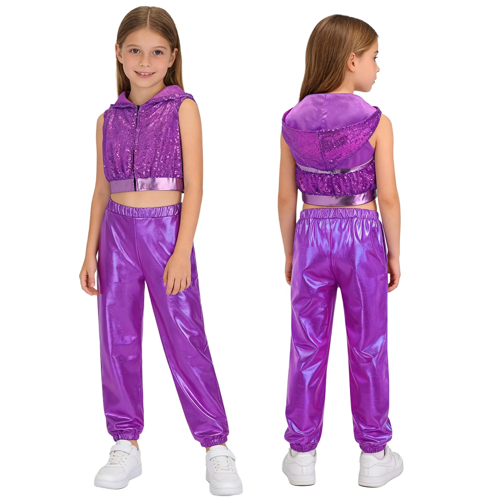 

Children Girls Hip-Hop Jazz Dance Performance Outfits Sleeveless Backless Sparkling Sequins Hooded Crop Top with Metallic Pants