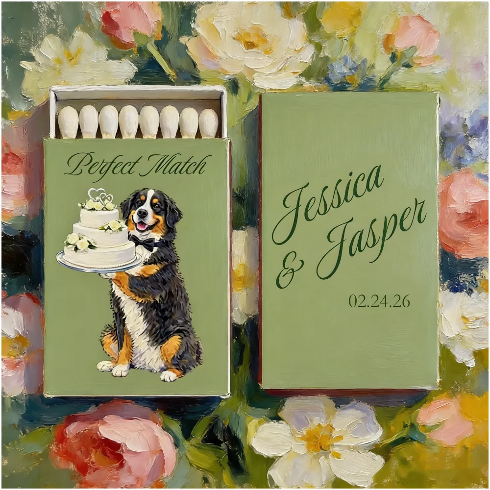 

Personalized Dog Sketch Wedding Matchboxes, Custom Pet Portrait with Wedding Cake Design, Cute Wedding Favors for Guests & Party