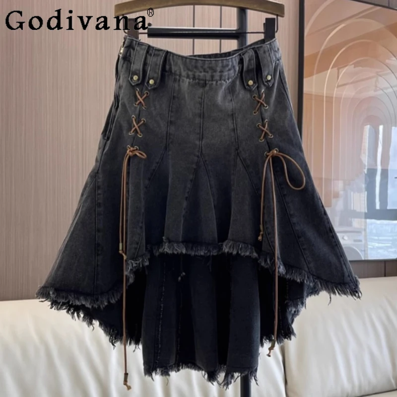 

2XL-6XL Large Size Gradient Washed Rough Edge Irregular High Waist Denim Skirt Cool Girls Summer Black Lace-up Fishtail Skirts